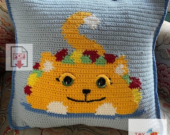 Taco Cat Tapestry Crochet Pillow Pattern - Beginner PDF - Kitty Cat Food Cushion Cover Design