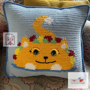 Taco Cat Tapestry Crochet Pillow Pattern - Beginner PDF - Kitty Cat Food Cushion Cover Design