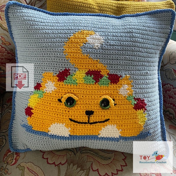 Taco Cat Tapestry Crochet Pillow Pattern - Beginner PDF - Kitty Cat Food Cushion Cover Design