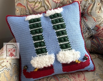 Christmas Elf Feet Tapestry Crochet Pillow Pattern / Beginner / PDF Crochet Pattern / Faux Fur Elf shoes Pillow Cushion Cover