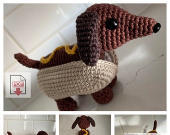 Frank the Hot Dog Crochet Pattern / Dachshund Wiener Dog Crochet Doll in Amigurumi Style / Play Food Hybrid Plush Toy / Digital PDF