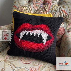 Vampire Fangs Tapestry Crochet Pillow Pattern - Beginner PDF - Vampire Teeth Pillow Cushion Design - Halloween Horror, Crochet Pillow
