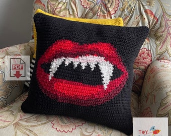 Vampire Fangs Tapestry Crochet Pillow Pattern - Beginner PDF - Vampire Teeth Pillow Cushion Design - Halloween Horror, Crochet Pillow