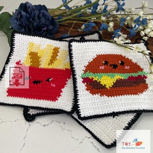 Hamburger & French Fries set of 2 Crochet Potholder Pattern / Beginner / PDF Tapestry Crochet Pattern / Food Crochet Pattern