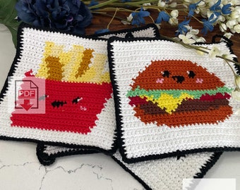 Hamburger & French Fries set of 2 Crochet Potholder Pattern / Beginner / PDF Tapestry Crochet Pattern / Food Crochet Pattern