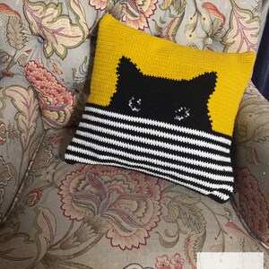 May include: A crocheted pillow with a black cat face on a yellow background and black and white stripes on the bottom half. The pillow is sitting on a floral patterned chair.