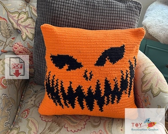 Jack'o'Lantern Tapestry Crochet Pillow Pattern - Beginner PDF - Carved Pumpkin Pillow Cushion Design - Halloween Horror