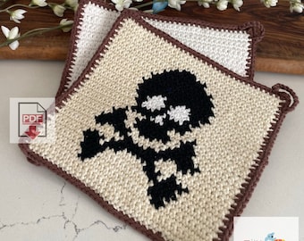 Skull and Crossbones Crochet Potholder Pattern / Beginner / PDF Tapestry Crochet Pattern / Skull Pattern