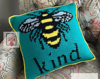 Bee Kind Tapestry Crochet Pillow Pattern - Beginner PDF - Bee Cushion Design, Crochet Pillow