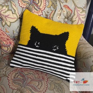 May include: A yellow and black striped pillow with a black cat face peeking out from behind the stripes. The cat has white eyes and a black nose.