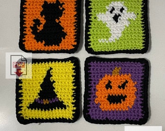 Schema spettrale per sottobicchiere di Halloween all'uncinetto: con gatto nero, cappello da strega, fantasma e zucca Jack-o'-lantern - Principianti - Formato PDF