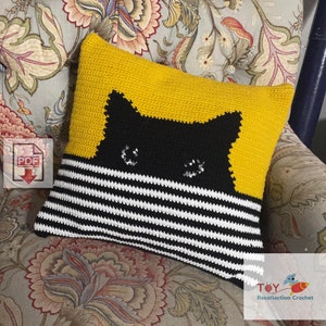 黒猫のタペストリーかぎ針編み枕パターン - 初心者向け PDF - 子猫のクッションデザイン