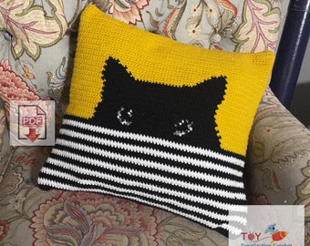 Black Cat Tapestry Crochet Pillow Pattern - Beginner PDF - Kitty Cat Cushion Design