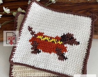 Frank the Dachshund Weiner Dog: A Beginner-Friendly PDF Tapestry Crochet Potholder Pattern