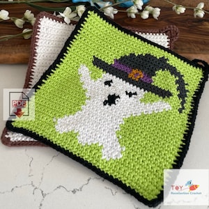 Witch Ghost Crochet Potholder Pattern / Ghost Potholder / Witch Potholder / Beginner / PDF Tapestry Crochet Pattern / Halloween Crochet