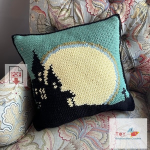 Haunted House Tapestry Crochet Pillow Pattern - Beginner PDF - Scary Ghost Mansion Cushion Design - Halloween Horror - Crochet Pillow