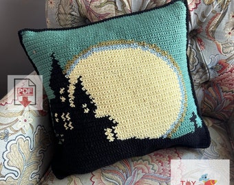 Haunted House Tapestry Crochet Pillow Pattern - Beginner PDF - Scary Ghost Mansion Cushion Design - Halloween Horror - Crochet Pillow