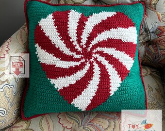 Candy Cane Heart Tapestry Crochet Pillow Pattern / Beginner / PDF Crochet Pattern / Christmas Pillow Tapestry Cushion Cover Pattern