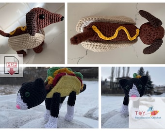 Hot Dog & Taco Cat Crochet Patterns / Two patterns in amigurumi style / digital pdf / food animal hybrid / Wiener Dog / Dachshund