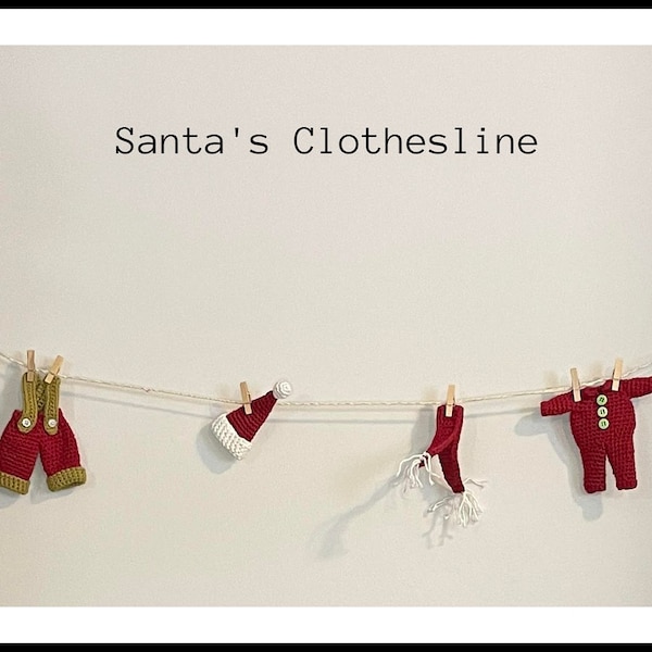 Santa's Clothesline - Crochet pattern in amigurumi style / Christmas wall decoration / digital pdf / Santa Claus hat pants suit