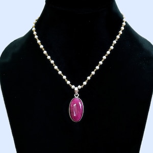 Colgante de rodocrosita rosa auténtica para mujer con cadena de perlas/cadena de plata de ley 925 pulida en oro/colgante de rodocrosita rosa/perlas