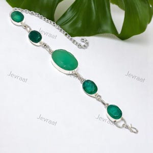 Emerald (Simulated) Gemstone Handmade 925 Silver Plated Bracelet 7-8&quot; Oval Cut Stone