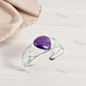 Handmade Sage Amethyst Gemstone Cuff Bracelet, 925 Silver Plated Adjustable, Stunning Purple Amethyst Jewelry, Unique Gift for Women