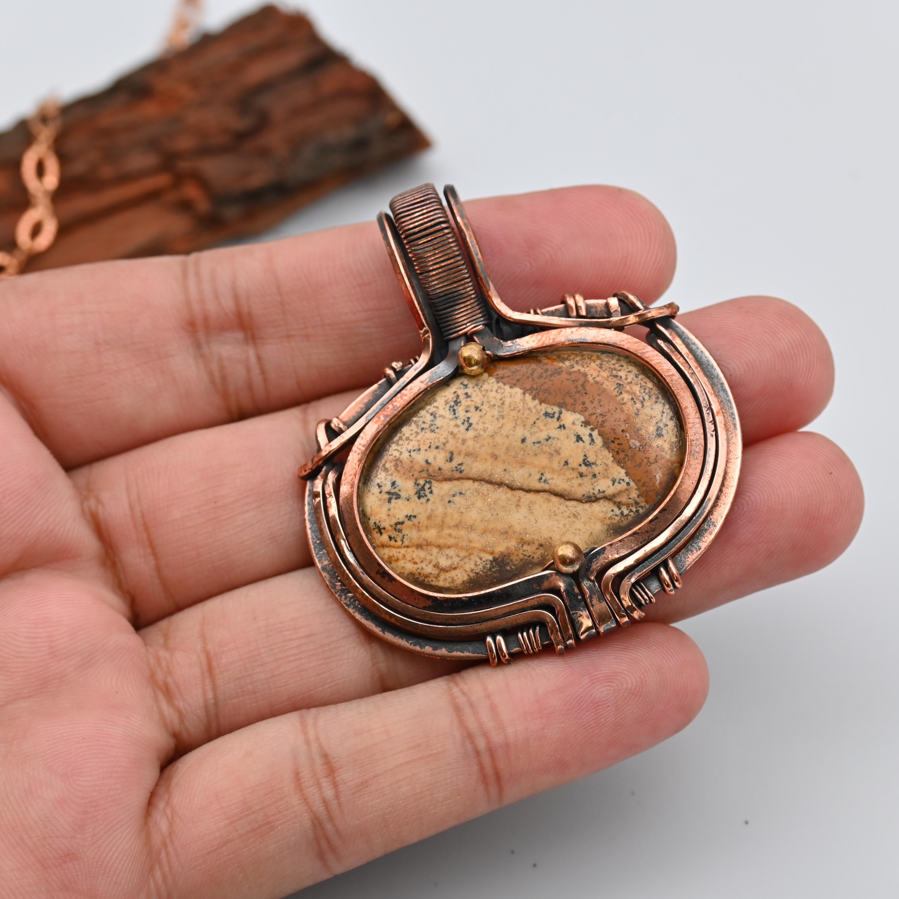 Fabolous Picture Jasper Gemstone Copper Wire Wrap Pendant