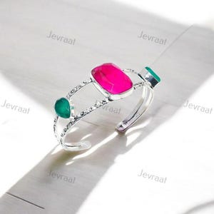 Handmade Ruby & Emerald Cuff Bracelet, 925 Silver Plated Adjustable, Stunning Red and Green Gemstone Jewelry, Unique Gift for Women