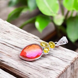 Handmade Bi-Color Tourmaline and Citrine Pendant, 925 Silver Plated Jewelry, Bright Gemstone Necklace Gift