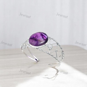 Sage Amethyst Gemstone Cuff Bracelet, Handmade 925 Silver Plated Adjustable Jewelry, Beautiful Purple Amethyst, Gift for Her