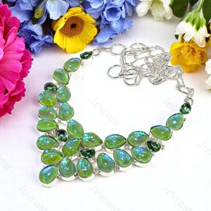 Opal & Peridot Gemstone Statement Necklace | Handmade 18&quot; 925 Silver Plated Jewelry | Unique Pendant Design