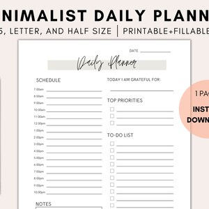 Minimalist Daily Planner Printable | Time Blocking | Daily Hourly Planner | PDF Printable Planner | Productivity Planner