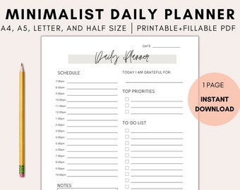 May include: A printable daily planner with a minimalist design. The planner includes sections for scheduling, gratitude, top priorities, to-do list, and notes. The planner is available in A4, A5, letter, and half sizes.
