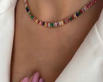 Multicolor  Necklace Baguette Rainbow Necklace Colorful Tennis CZ Choker Necklace Choker Zircon Necklace