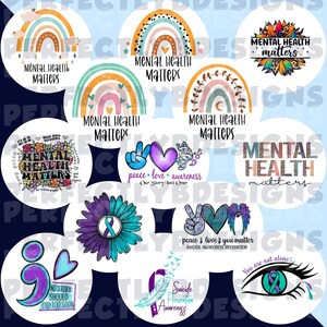 Pu&ograve; includere: Un set di 10 adesivi rotondi con vari design che promuovono la consapevolezza della salute mentale. Gli adesivi presentano arcobaleni, segni di pace, cuori, fiori e il testo "Mental Health Matters".