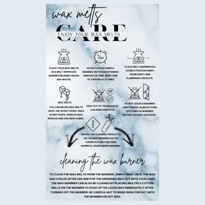 May include: A white and black illustrated guide with the text "wax melts care" and instructions on how to use wax melts safely. The guide includes illustrations of wax melt warmers, candles, and safety tips.