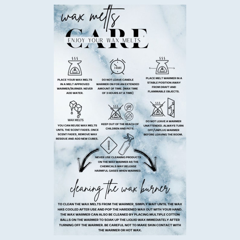 May include: A white and black illustrated guide with the text "wax melts care" and instructions on how to use wax melts safely. The guide includes illustrations of wax melt warmers, candles, and safety tips.