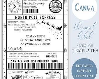 Editable Thermal Label | Santa Mail Sticker Labels  | 4x6 Thermal Label | North Pole Christmas Label | Editable Canva Template