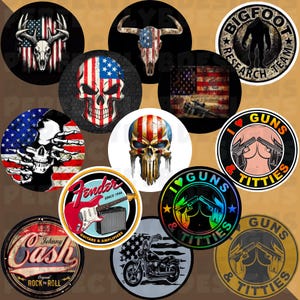 May include: A collection of 12 round stickers featuring various designs. The stickers include a skull with an American flag, a guitar, a skull with a crossbones, a motorcycle, a skull with a gun, and a skull with a gun and the words "Guns & Tities".