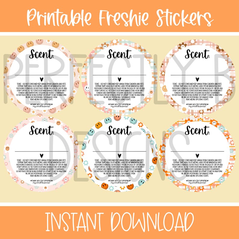 Puede incluir: Seis pegatinas redondas imprimibles con fondo rosa, naranja y azul. Cada pegatina tiene un c&iacute;rculo blanco en el centro con el texto "Scent:" en negro. Las pegatinas est&aacute;n decoradas con caras sonrientes, flores y otros patrones. El texto "Descarga instant&aacute;nea" est&aacute; en la parte inferior de la imagen.