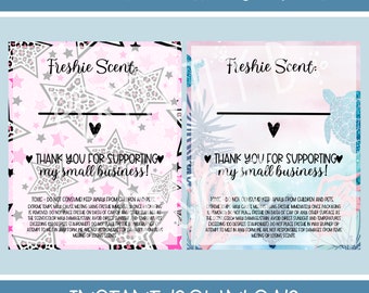 May include: Two printable sticker designs for small businesses. Both designs feature a pink and white background with a message that says "Thank you for supporting my small business!" One design has a pink and white star pattern with a grey leopard print. The other design has a blue and white watercolour pattern with a sea turtle. Both designs have the text "Freshie Scent" at the top.