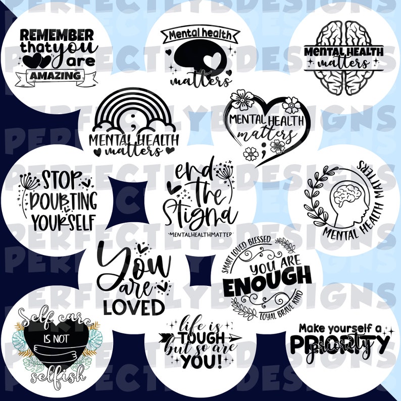 Pu&ograve; includere: Un set di 10 adesivi rotondi con illustrazioni e testo in bianco e nero. Gli adesivi presentano messaggi positivi sulla salute mentale, l'auto-cura e l'amore per se stessi. Alcuni dei testi includono "Ricorda che sei fantastico", "La salute mentale conta", "Smetti di dubitare di te stesso", "Metti fine allo stigma", "Sei amato", "La vita &egrave; dura, ma anche tu", e "Fai di te stesso una priorit&agrave;".