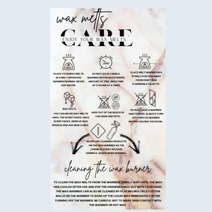 May include: A black and white infographic with instructions on how to care for wax melts and clean the wax burner. The infographic includes text such as "Wax Melts Care", "Do Not Leave Candle Warmer On For An Extended Amount Of Time", "Keep Out Of The Reach Of Children And Pets", "Never Use Cleaning Products On The Wax Warmer", and "Cleaning The Wax Burner".
