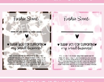 May include: Two printable sticker designs with a tie-dye background. The stickers feature the text "Freshie Scent:" and "Thank you for supporting my small business!" with a heart on each side. The text "Instant Download" is at the bottom of the image.