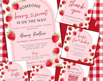 Strawberry Baby Shower Invitation CanvaTemplate | Editable Baby Shower Invite | Berry Sweet Invitation | Printable Invite | Digital Download