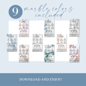 May include: Nine printable care instructions for wax melts, each with a different marble pattern. The instructions include information about cleaning the wax warmer, using the wax melts, and safety tips. The text on the cards reads "Wax Melty Care".