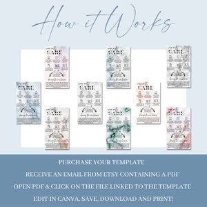 May include: A digital download template for a laundry care guide. The template features a marble background with a variety of colors, including pink, blue, and green. The text "Wash Gently Care" is displayed at the top of the template, followed by a list of laundry care instructions.
