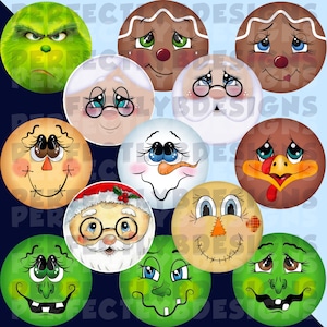 May include: A set of 12 round, painted wooden ornaments featuring various whimsical faces, including a snowman, a gingerbread person, a turkey, a scarecrow, and a Grinch. The ornaments are all white with colorful details and have a glossy finish.
