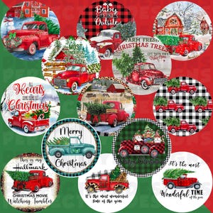 May include: Twelve round Christmas-themed stickers featuring red trucks, Christmas trees, and winter scenes. The stickers have various sayings, including "It's the most wonderful time of the year", "Merry Christmas", and "All Hearts Come Home for Christmas".